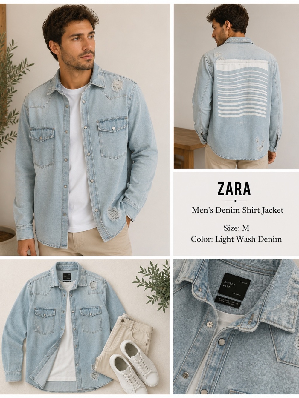 ZARA Light Wash Denim Shirt Jacket with Back Graphic